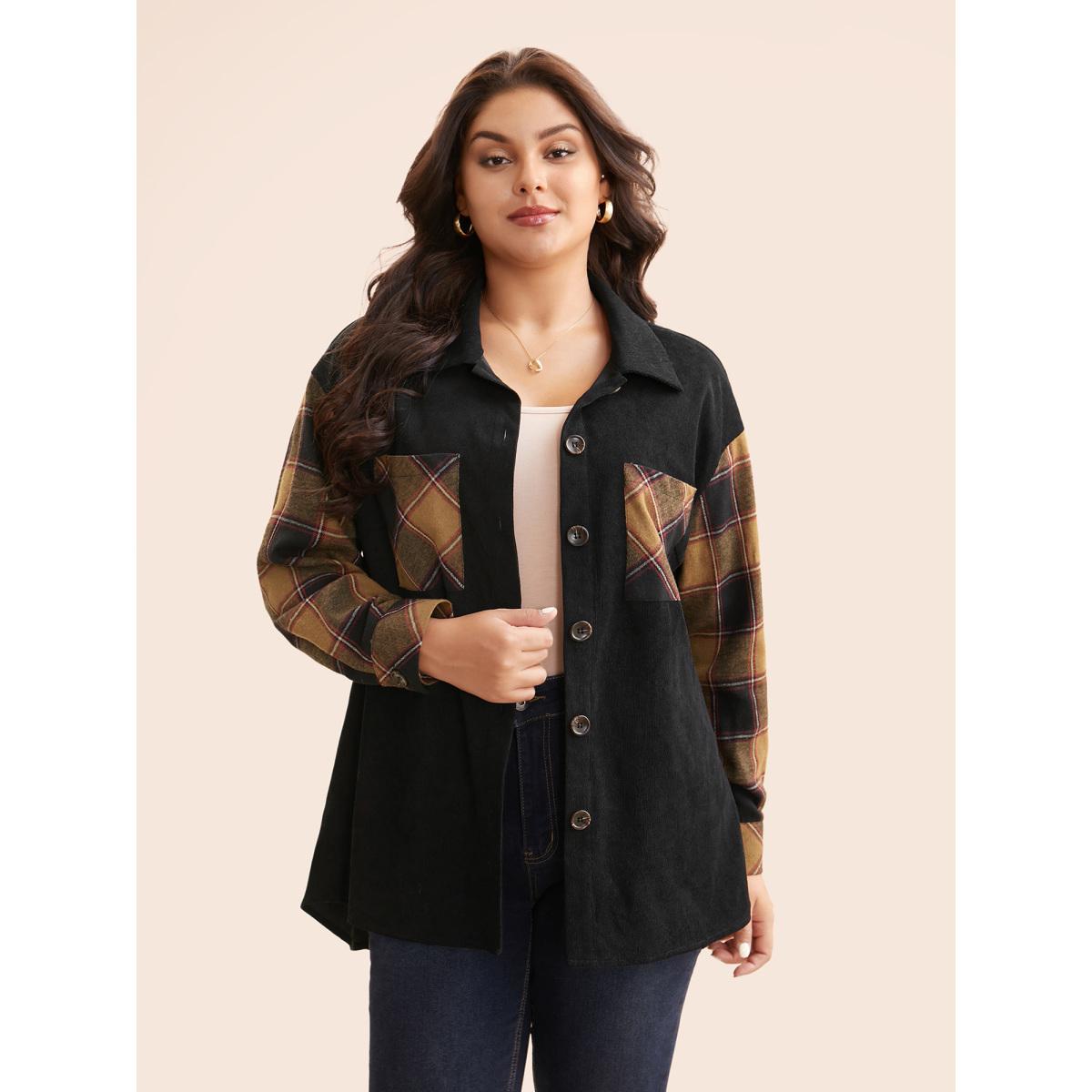 Plus Size Plaid Patchwork Patched Pocket Jacket Women Black Contrast Loose Patch pocket Everyday Jackets BloomChic 22-24/3X Product Image