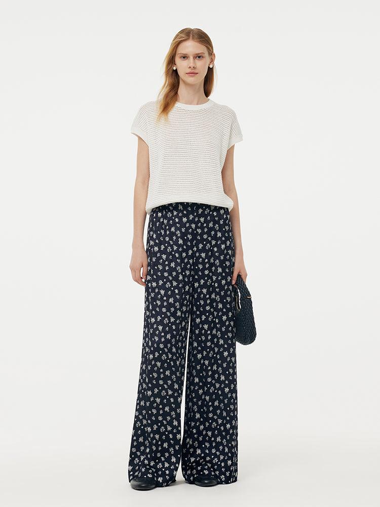 Floral Print Elastic Waist Women Wide Leg Pants With Scrunchie Product Image