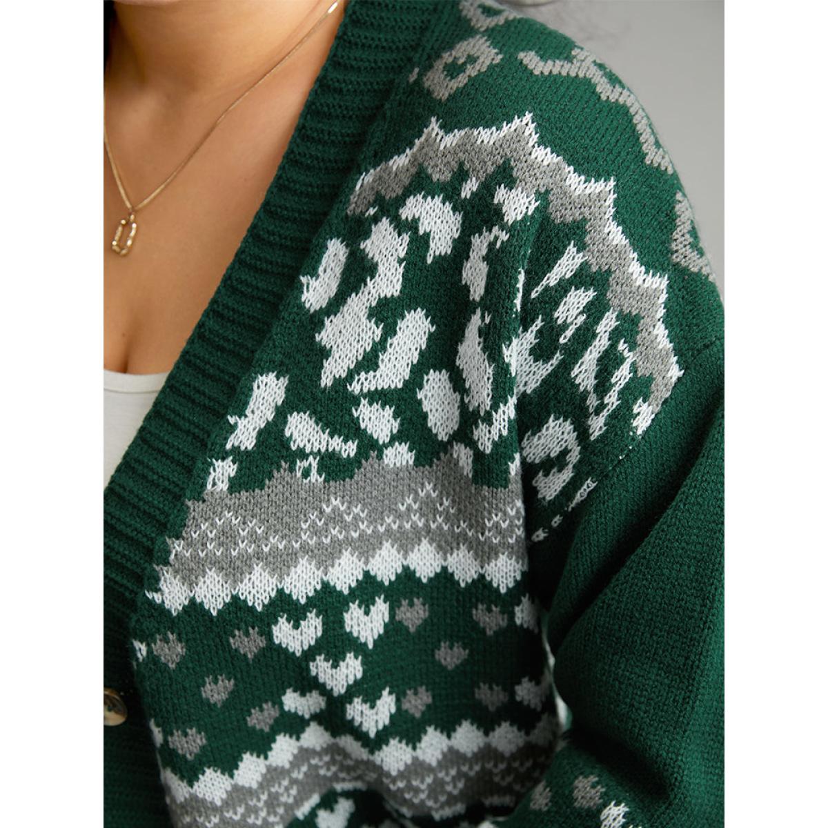 Plus Size Christmas Jacquard Button Up Pocket Cardigan DarkGreen Women Casual Loose Long Sleeve Festival-Christmas Cardigans BloomChic 12/L Product Image