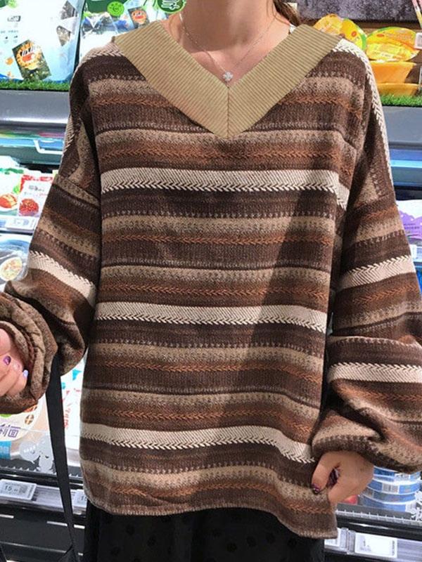 V Neck Striped Knit Sweater Product Image