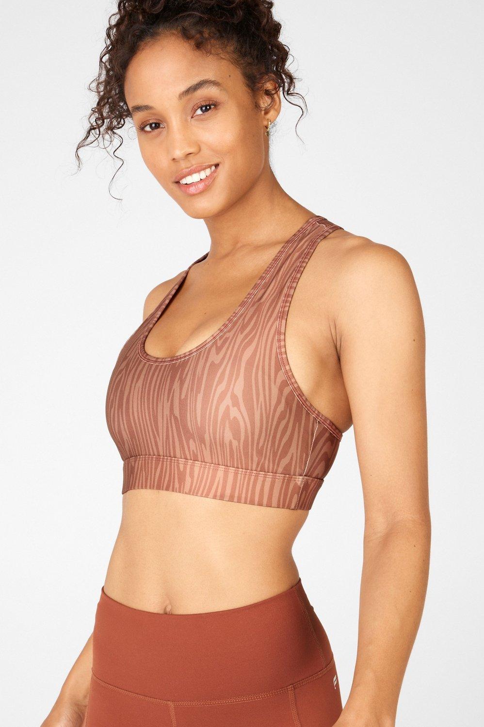 Fabletics Sage Printed Medium Impact Sports Bra Womens Woodgrain Size XXS Product Image