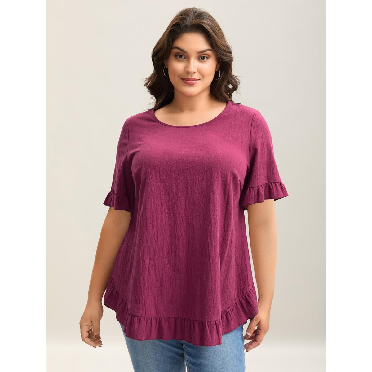 Plus Size RedViolet Pure Cotton Ruffled Curved Hem Blouse Women Leisure Short sleeve Round Neck Casual Blouses BloomChic 14-16/1X Product Image