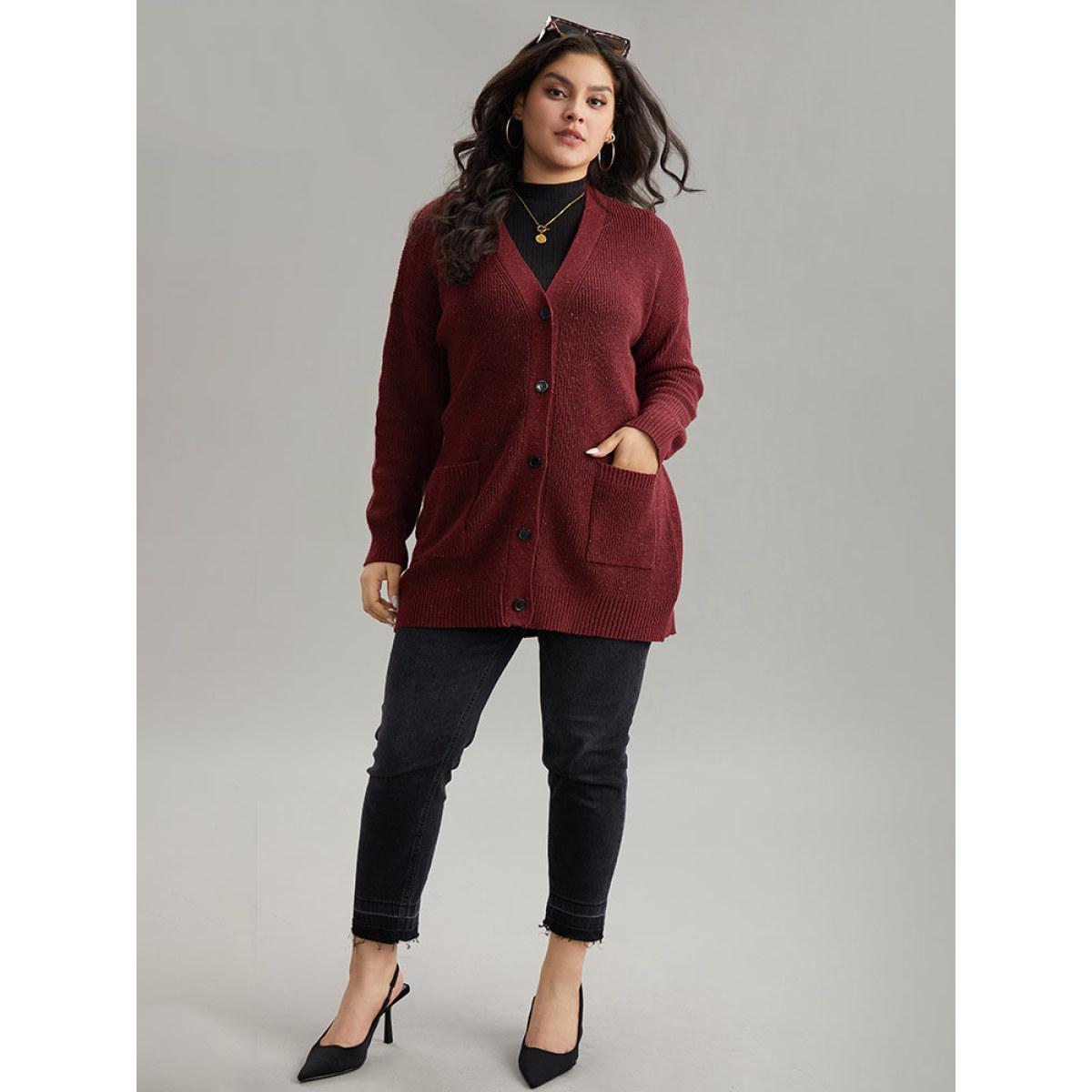 Plus Size Plisse Plain Button Fly Patched Pocket Cardigan Scarlet Women Casual Loose Long Sleeve Everyday Cardigans BloomChic 26/4X Product Image