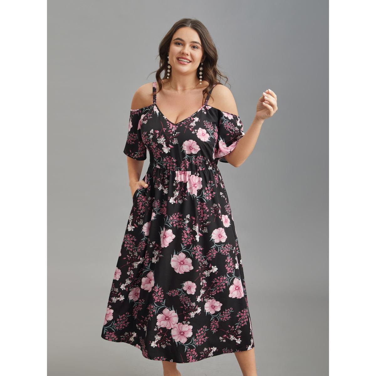 Plus Size Floral Print Cold-Shoulder Pockets Midi Dress Black Women Romantic Non Heart neckline Short sleeve Curvy BloomChic 26/4X Product Image