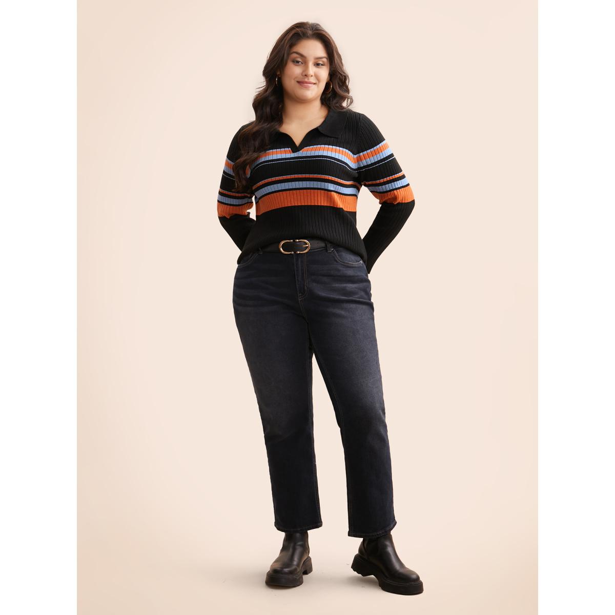 Plus Size Supersoft Essentials Colored Striped Polo Neck Pullover Black Women Casual Bodycon Long Sleeve Polo Everyday Pullovers BloomChic 10/M Product Image
