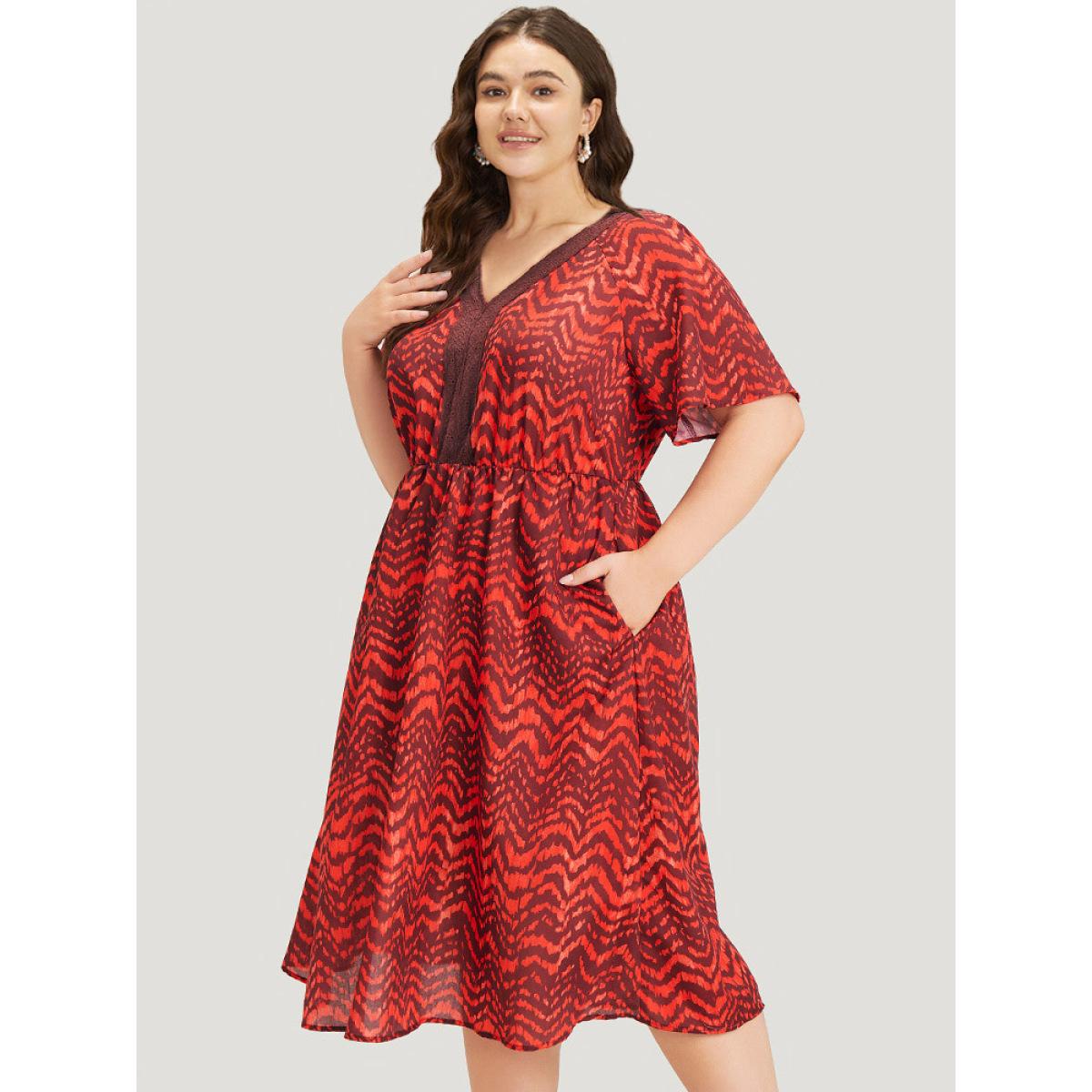 Plus Size Water Ripple Pocket Ruffle Sleeve Lace Dress Scarlet Women Elegant Gathered V-neck Short sleeve Curvy Midi Dress BloomChic 12/L Product Image