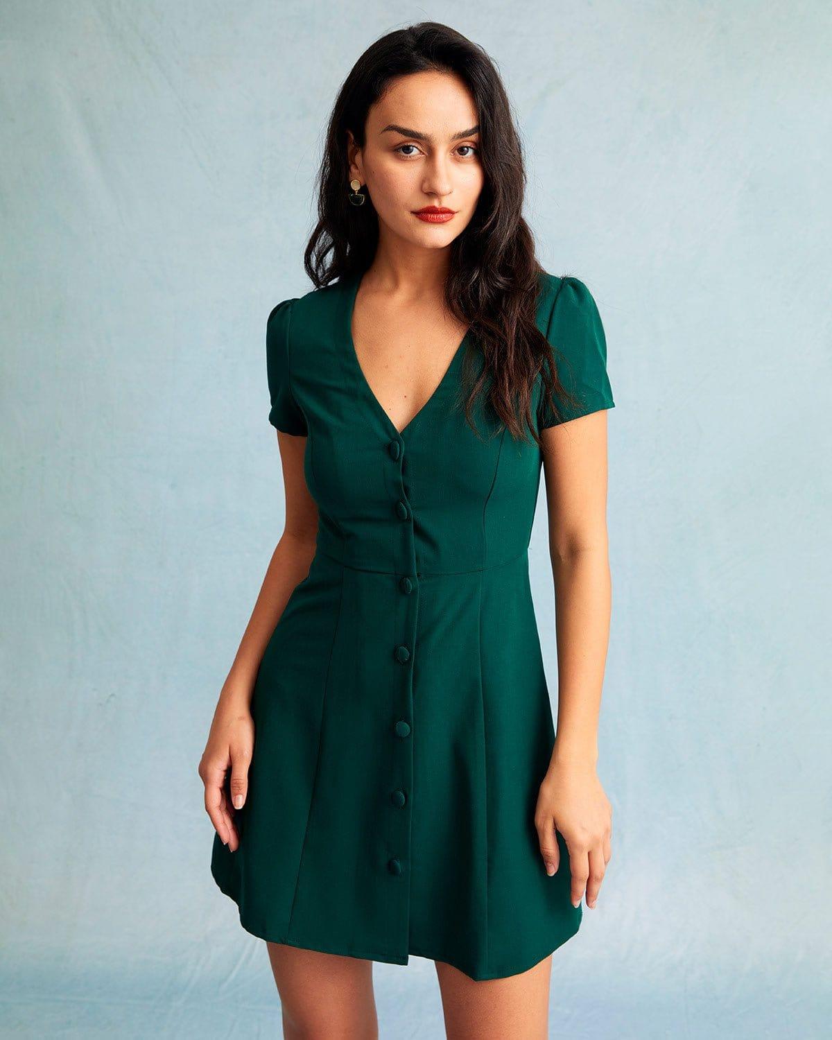 The Dark Green V Neck Button-up Shirt Mini Dress Product Image