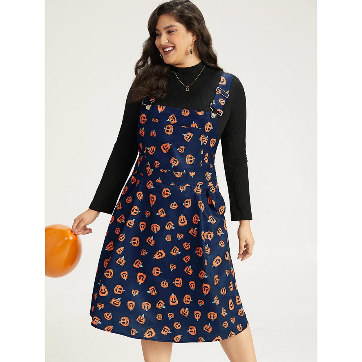 Plus Size Halloween Pocket Pumpkin Print Overall Cami Dress Black Women Playful Adjustable Straps Spaghetti Strap Sleeveless Curvy Midi Dress BloomChic 18-20/2X Product Image