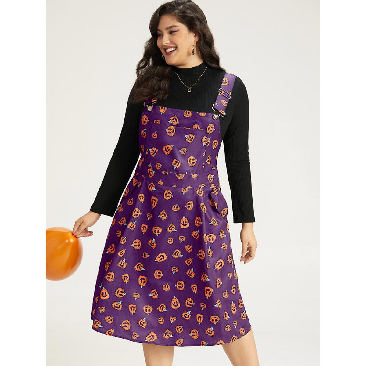 Plus Size Halloween Pocket Pumpkin Print Overall Cami Dress Black Women Playful Adjustable Straps Spaghetti Strap Sleeveless Curvy Midi Dress BloomChic 18-20/2X Product Image