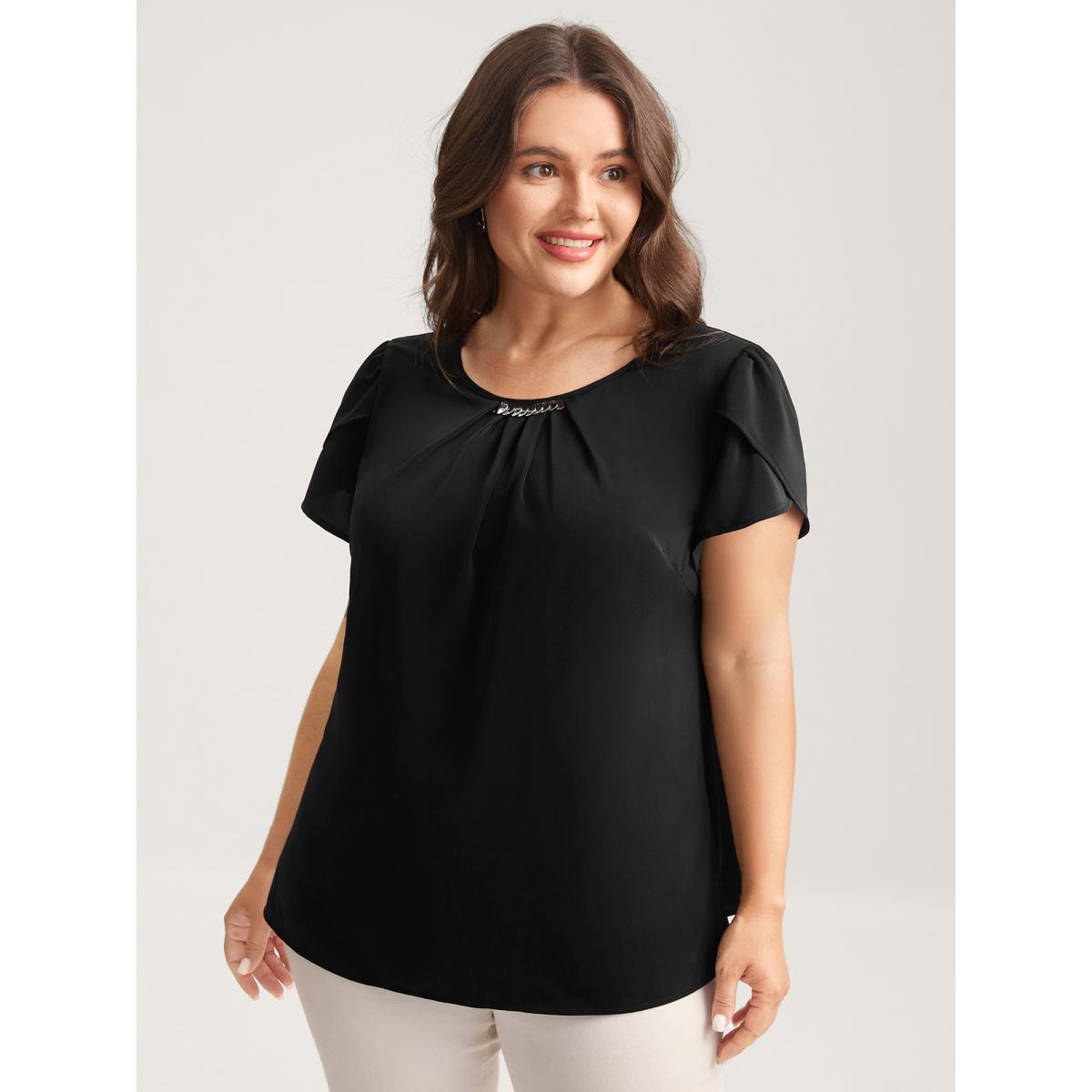 Plus Size Black Metallic Detail Pleated Solid Blouse Women Short sleeve Round Neck Work Blouses BloomChic 12/L Product Image