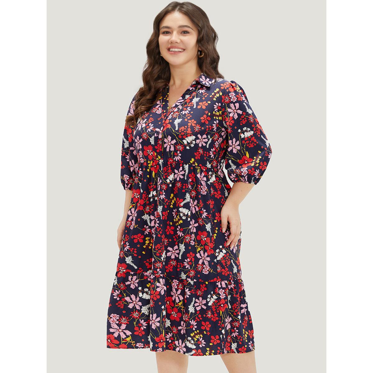 Plus Size Floral Print Shirt Collar Ruffled Hem Dress DarkBlue Women Elegant Elastic cuffs Shirt collar Elbow-length sleeve Curvy Midi Dress BloomChic 14-16/1X Product Image