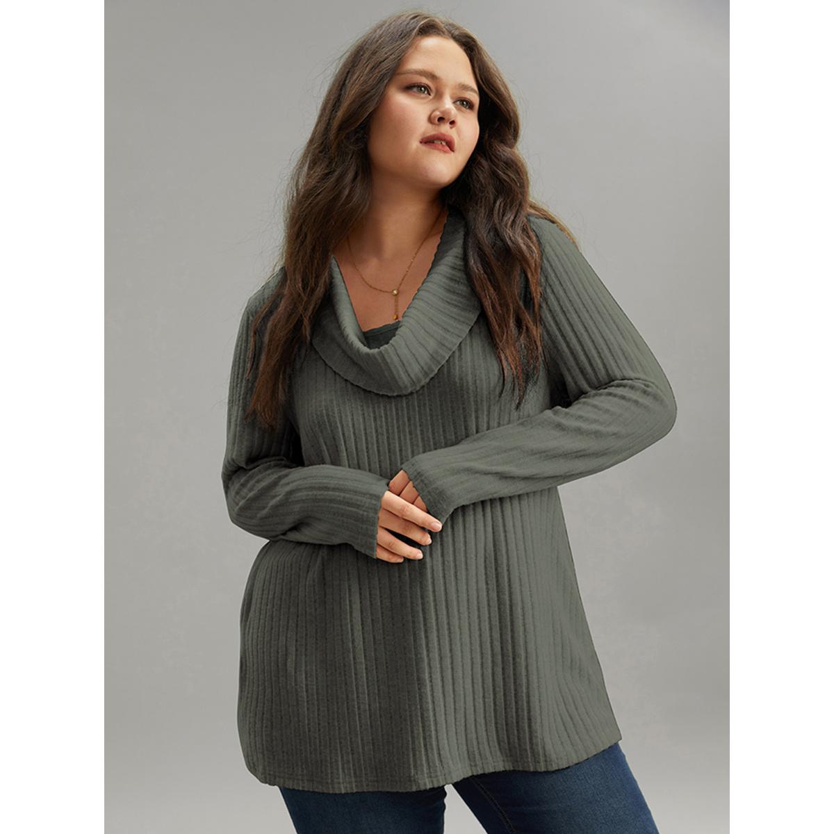 Plus Size Plain Rib Knit Cowl Neck T-Shirt Green Women Leisure Texture Plain Ruffled collar Casual T-shirts BloomChic 18-20/2X Product Image