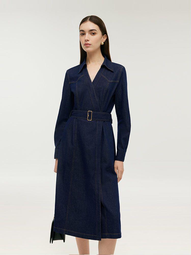 Denim Lapel Women Midi Dress With Belt Product Image