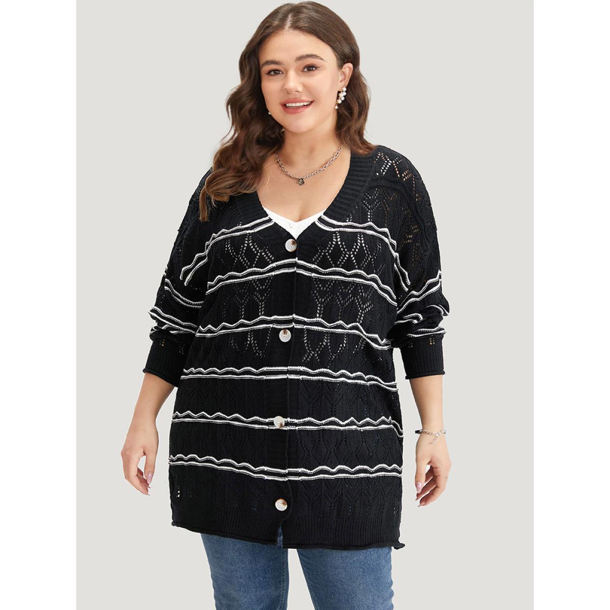 Plus Size Striped Geometric Button Through Cardigan Black Women Casual Loose Long Sleeve Dailywear Cardigans BloomChic 10/M Product Image