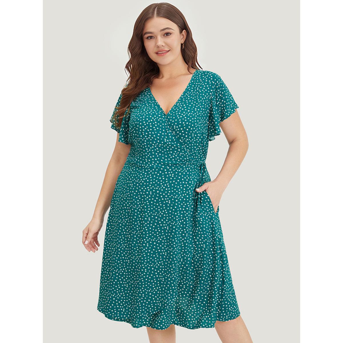 Plus Size Polka Dot Ties Wrap Hem Ruffle Cap Sleeve Dress Emerald Women Elegant Cross straps V-neck Cap Sleeve Curvy Knee Dress BloomChic 14-16/1X Product Image