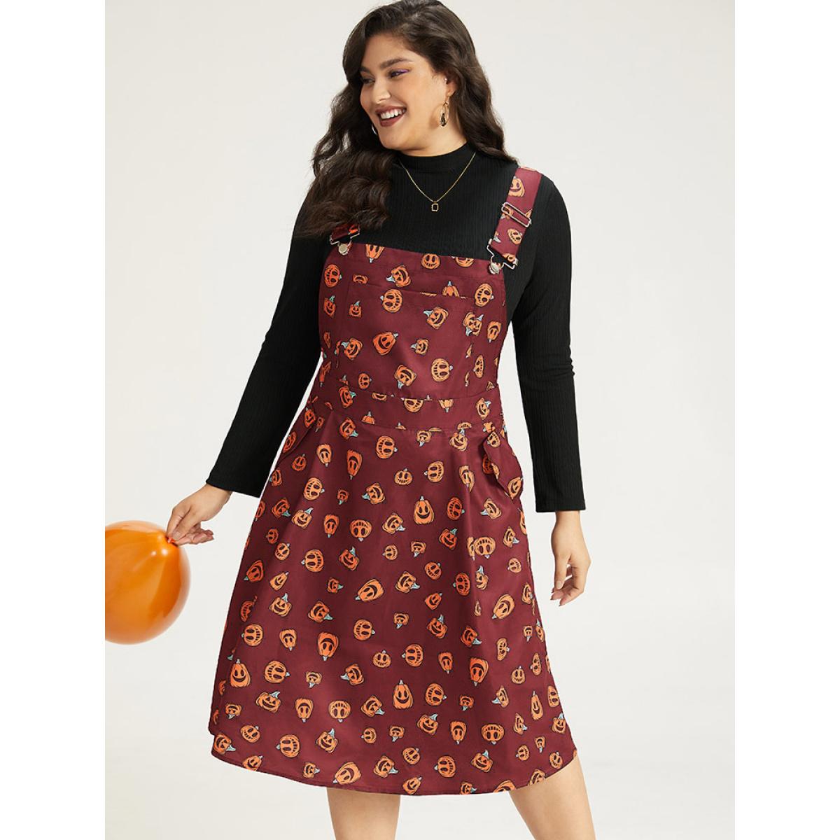 Plus Size Halloween Pocket Pumpkin Print Overall Cami Dress Black Women Playful Adjustable Straps Spaghetti Strap Sleeveless Curvy Midi Dress BloomChic 18-20/2X Product Image
