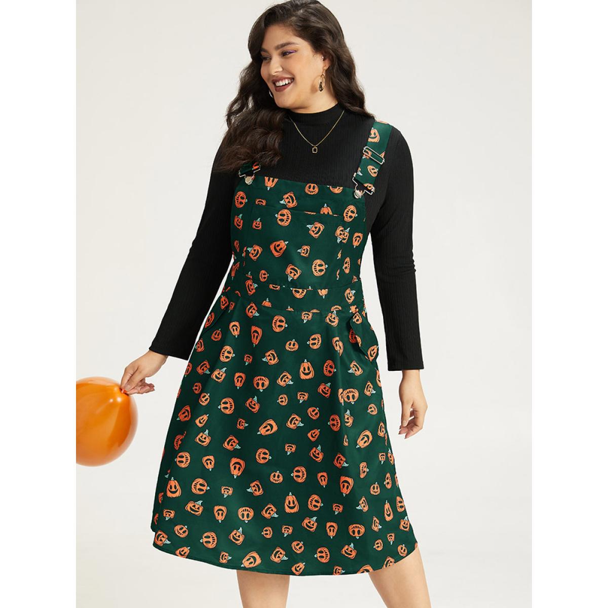 Plus Size Halloween Pocket Pumpkin Print Overall Cami Dress Black Women Playful Adjustable Straps Spaghetti Strap Sleeveless Curvy Midi Dress BloomChic 18-20/2X Product Image