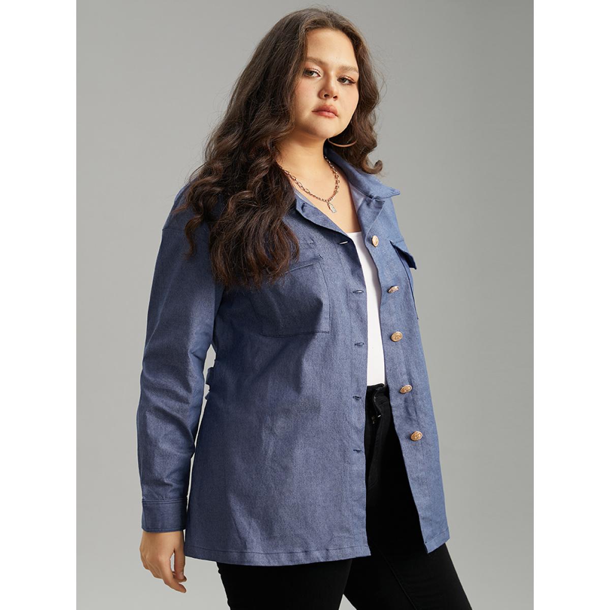Plus Size Plain Ties Pocket Button Through Shacket Women Indigo Casual Plain Ladies Dailywear Winter Coats BloomChic 28/5X Product Image