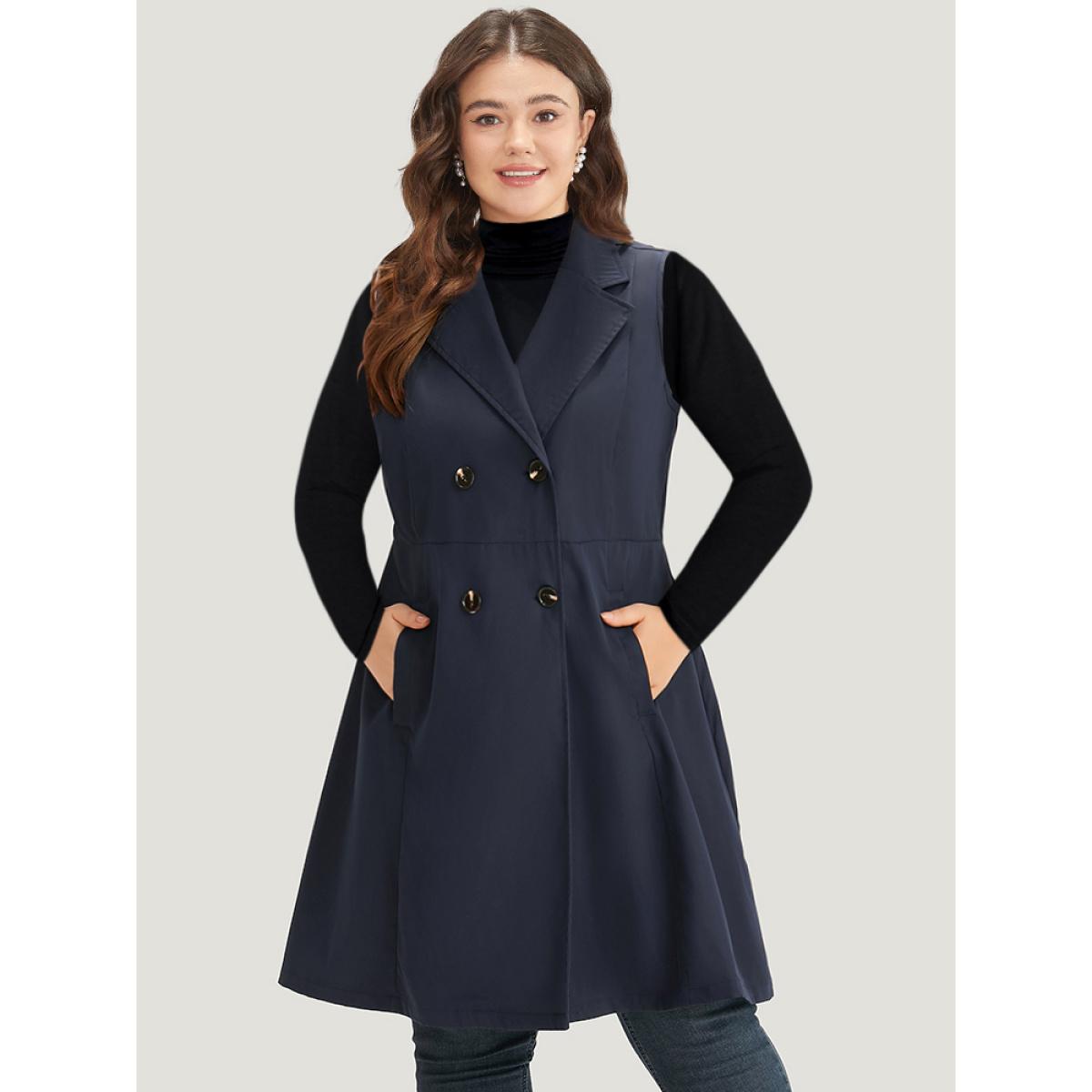 Plus Size Plain Pocket Button Through Suit Collar Coat Women DarkBlue Casual Plain Ladies Dailywear Winter Coats BloomChic 28/5X Product Image