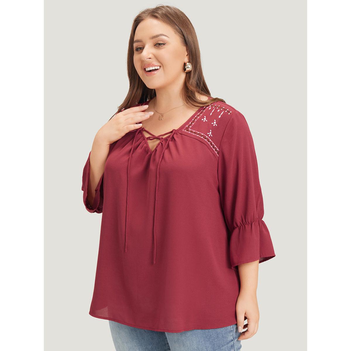 Plus Size Burgundy Plain Embroidered Lace Up Bell Sleeve Blouse Women Vacation Elbow-length sleeve V-neck Dailywear Blouses BloomChic 18-20/2X Product Image