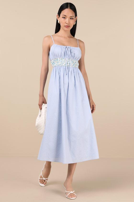 Shereen Blue Striped and Floral Sleeveless Poplin Midi Dress Product Image