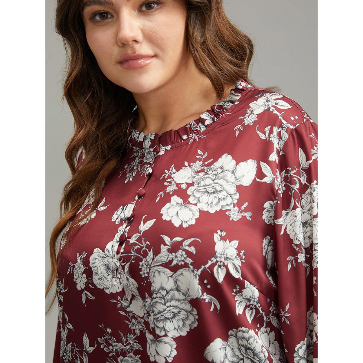 Plus Size Scarlet Silhouette Floral Print Frill Trim Button Detail Blouse Women Elegant Long Sleeve Round Neck Dailywear Blouses BloomChic 26/4X Product Image