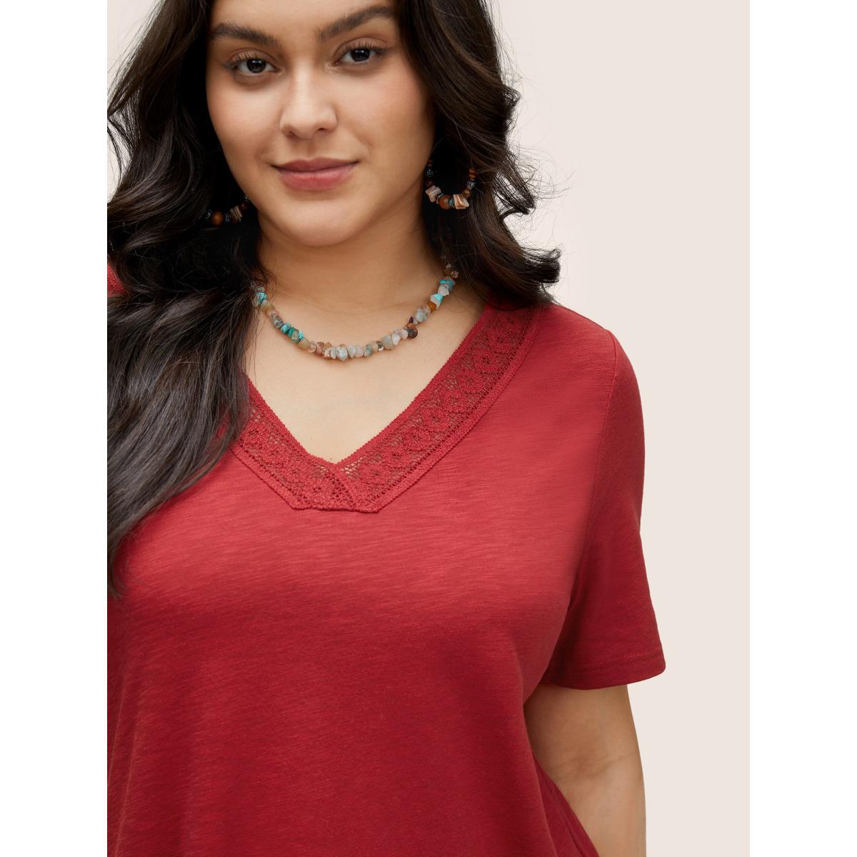 Plus Size Plain V Neck Lace Panel T-shirt Red Women Elegant Non Plain V-neck Everyday T-shirts BloomChic 10/M Product Image