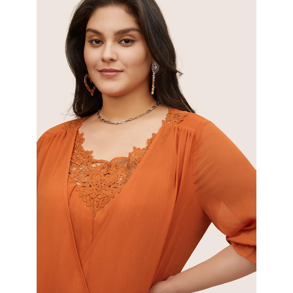 Plus Size Orange Chiffon Shirred Ruffle Trim Lace Panel Blouse Women Elegant Half Sleeve Round Neck Everyday Blouses BloomChic 18-20/2X Product Image