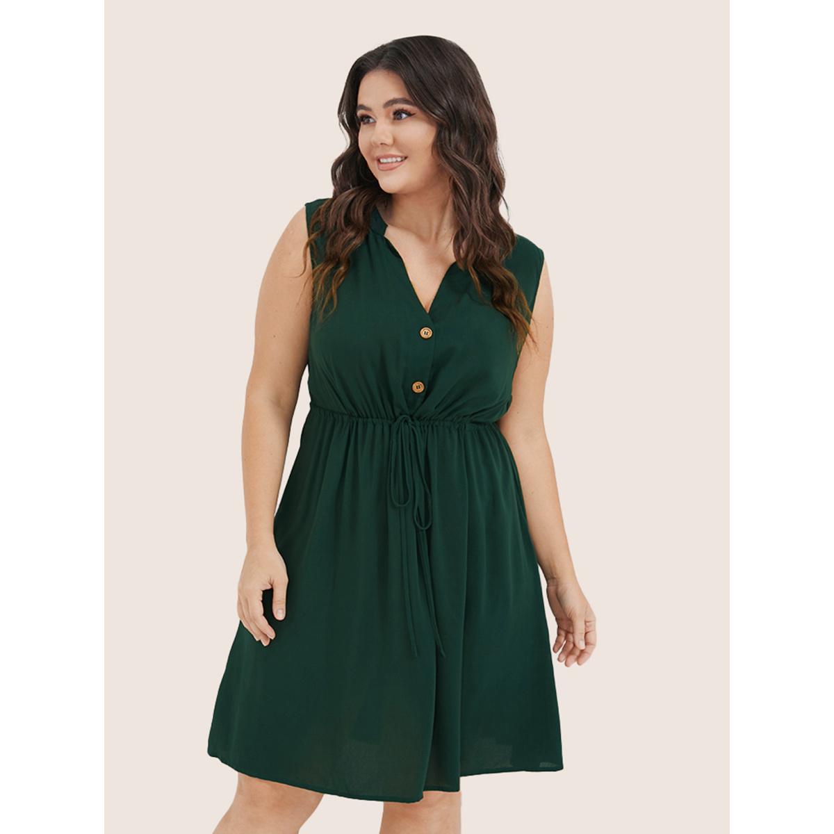 Plus Size Plain Ties Front Button Pocket V Neck Dress DarkGreen Women Office Button V-neck Sleeveless Curvy Knee Dress BloomChic 18-20/2X Product Image