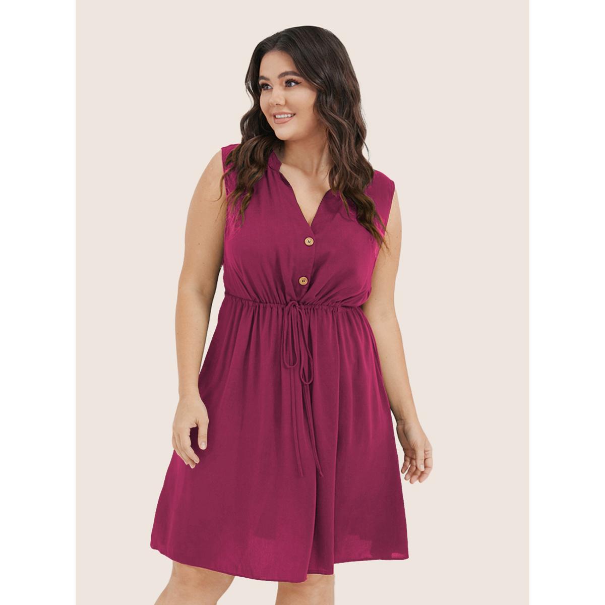 Plus Size Plain Ties Front Button Pocket V Neck Dress Aegean Women Work From Home Button V-neck Sleeveless Curvy Knee Dress BloomChic 22-24/3X Product Image