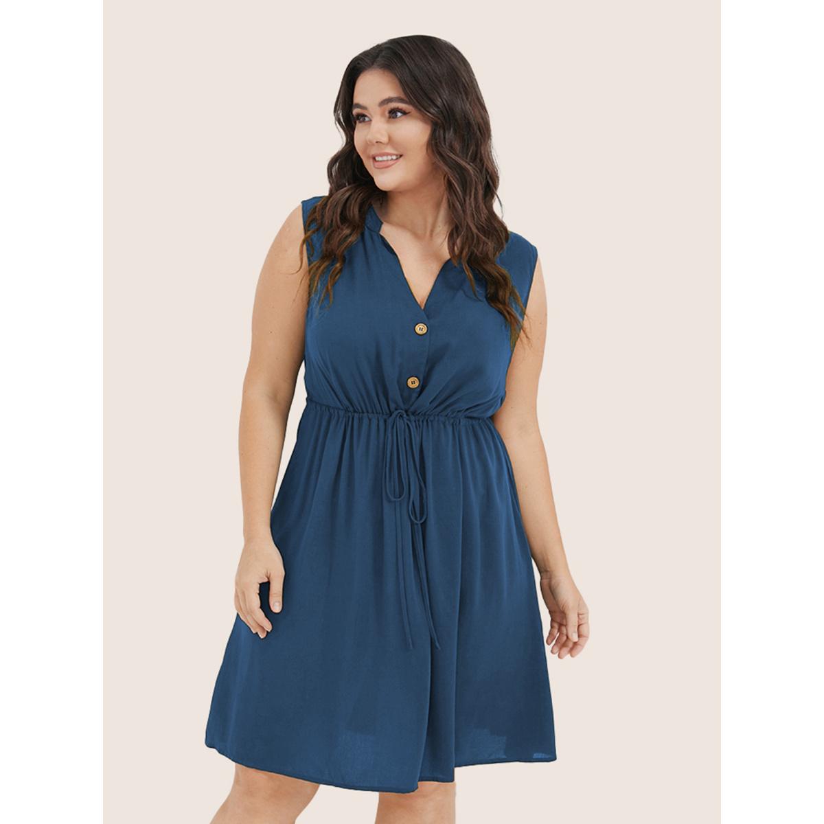 Plus Size Plain Ties Front Button Pocket V Neck Dress Aegean Women Work From Home Button V-neck Sleeveless Curvy Knee Dress BloomChic 22-24/3X Product Image