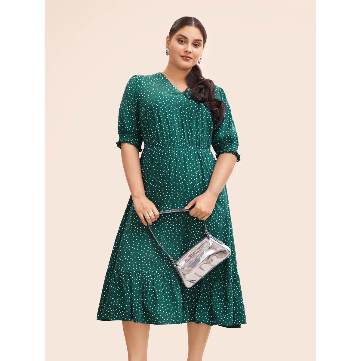 Plus Size Polka Dot Shirred Pocket Flutter Hem Dress DarkGreen Women Office Printed V-neck Half Sleeve Curvy Midi Dress BloomChic 14-16/1X Product Image