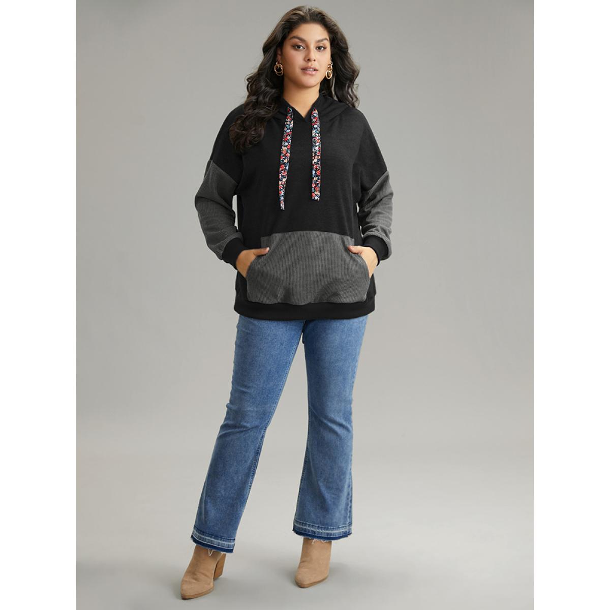 Plus Size Rib Knit Patchwork Ditsy Floral Ties Sweatshirt Women Black Elegant Rib Knit Hooded Dailywear Sweatshirts BloomChic 12/L Product Image