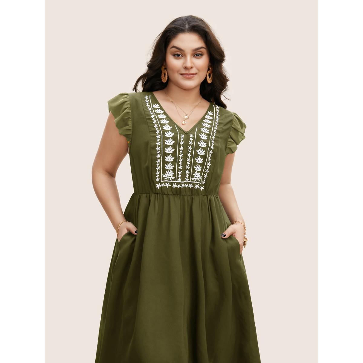 Plus Size Floral Embroidered V Neck Ruffle Cap Sleeve Dress ArmyGreen Women Boho Embroidered V-neck Cap Sleeve Curvy BloomChic 14-16/1X Product Image