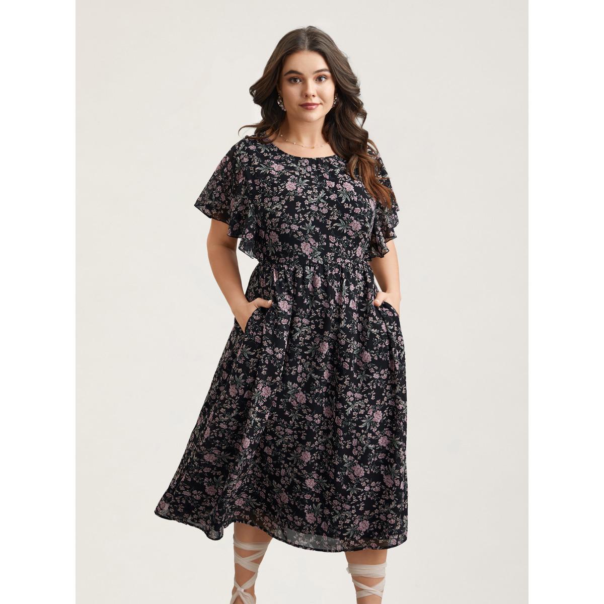 Plus Size Chiffon Floral Print Ruffled Midi Dress BlackFlower Women Romantic Ruffles Round Neck Short sleeve Curvy BloomChic 22-24/3X Product Image