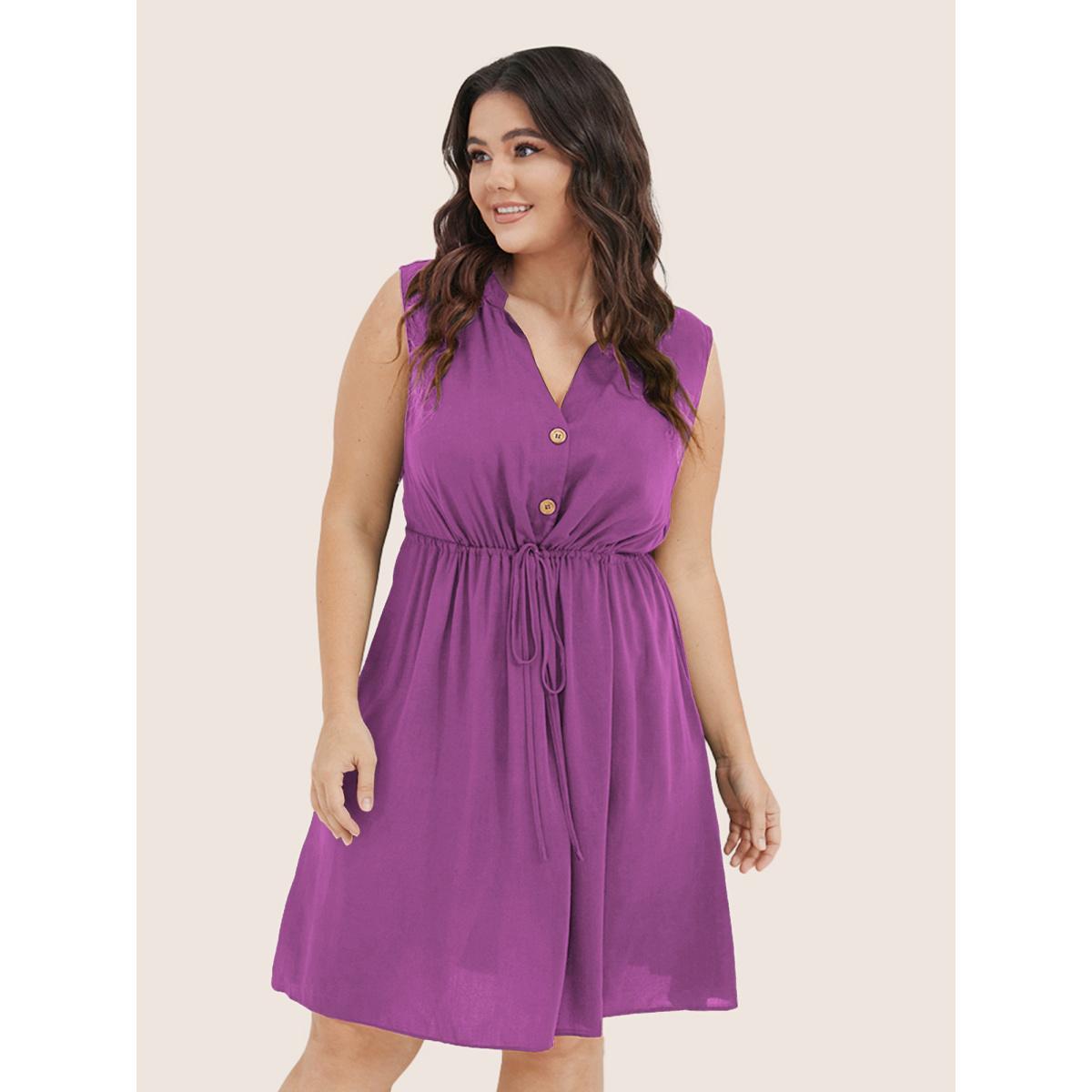 Plus Size Plain Ties Front Button Pocket V Neck Dress Moss Women Office Button V-neck Sleeveless Curvy Knee Dress BloomChic 28/5X Product Image