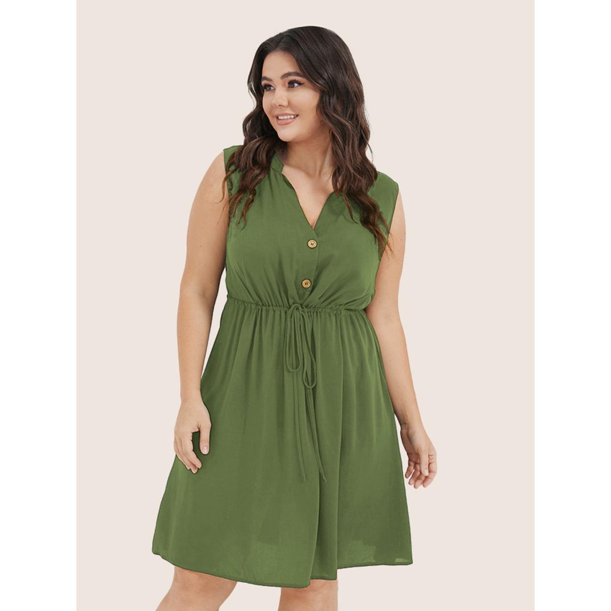 Plus Size Plain Ties Front Button Pocket V Neck Dress Moss Women Office Button V-neck Sleeveless Curvy Knee Dress BloomChic 28/5X Product Image