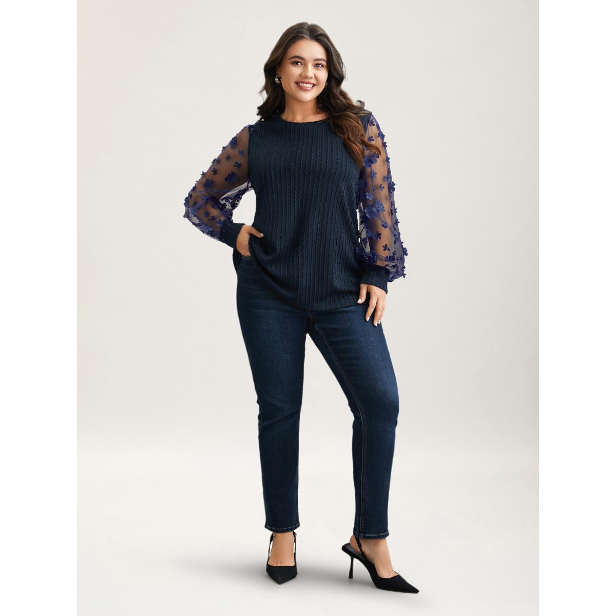 Plus Size Sheer Sleeve Textured Patchwork Round Neck T-Shirt Indigo Women Elegant Texture Round Neck Everyday T-shirts BloomChic 28/5X Product Image