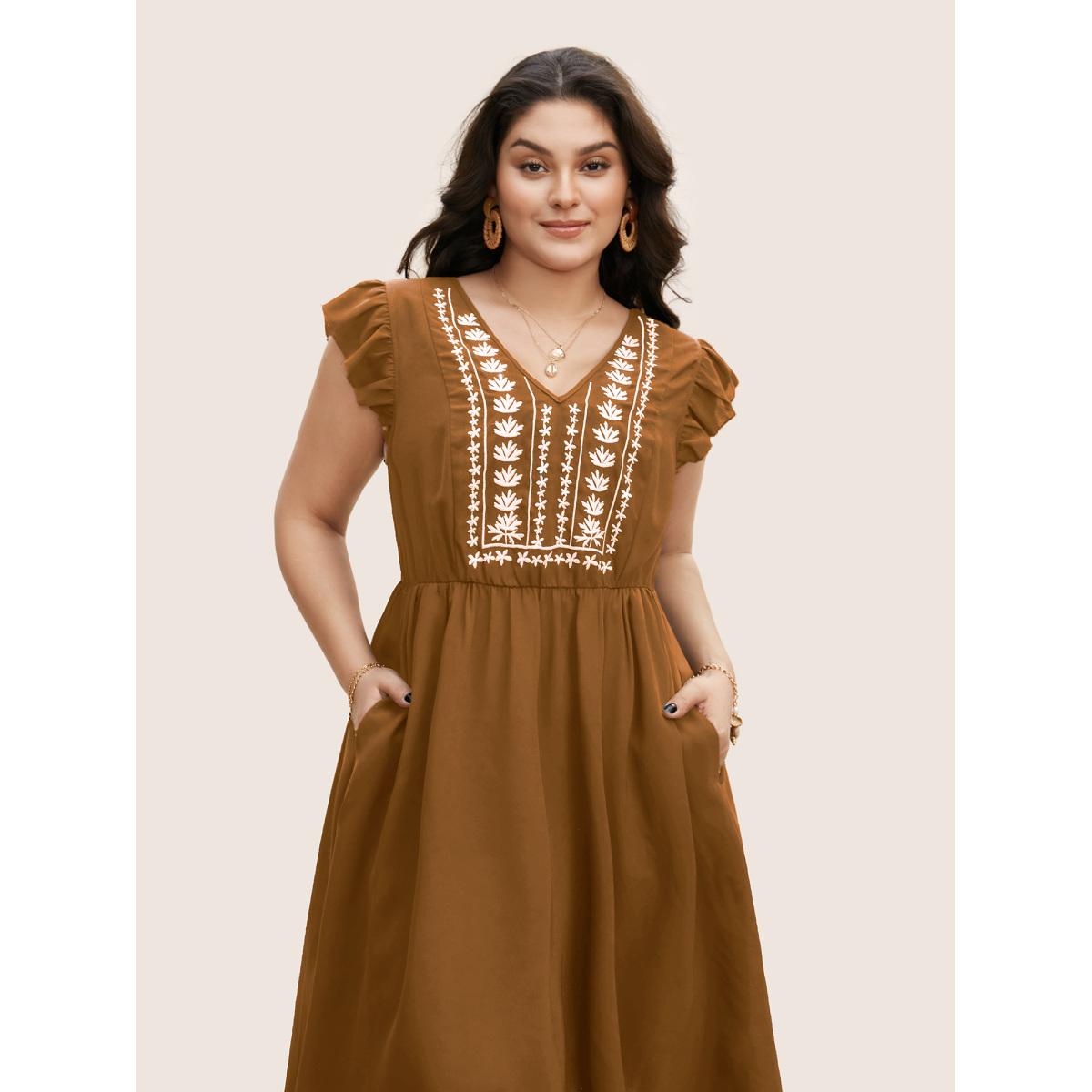 Plus Size Floral Embroidered V Neck Ruffle Cap Sleeve Dress Yellowishbrown Women Boho Embroidered V-neck Cap Sleeve Curvy BloomChic 10/M Product Image
