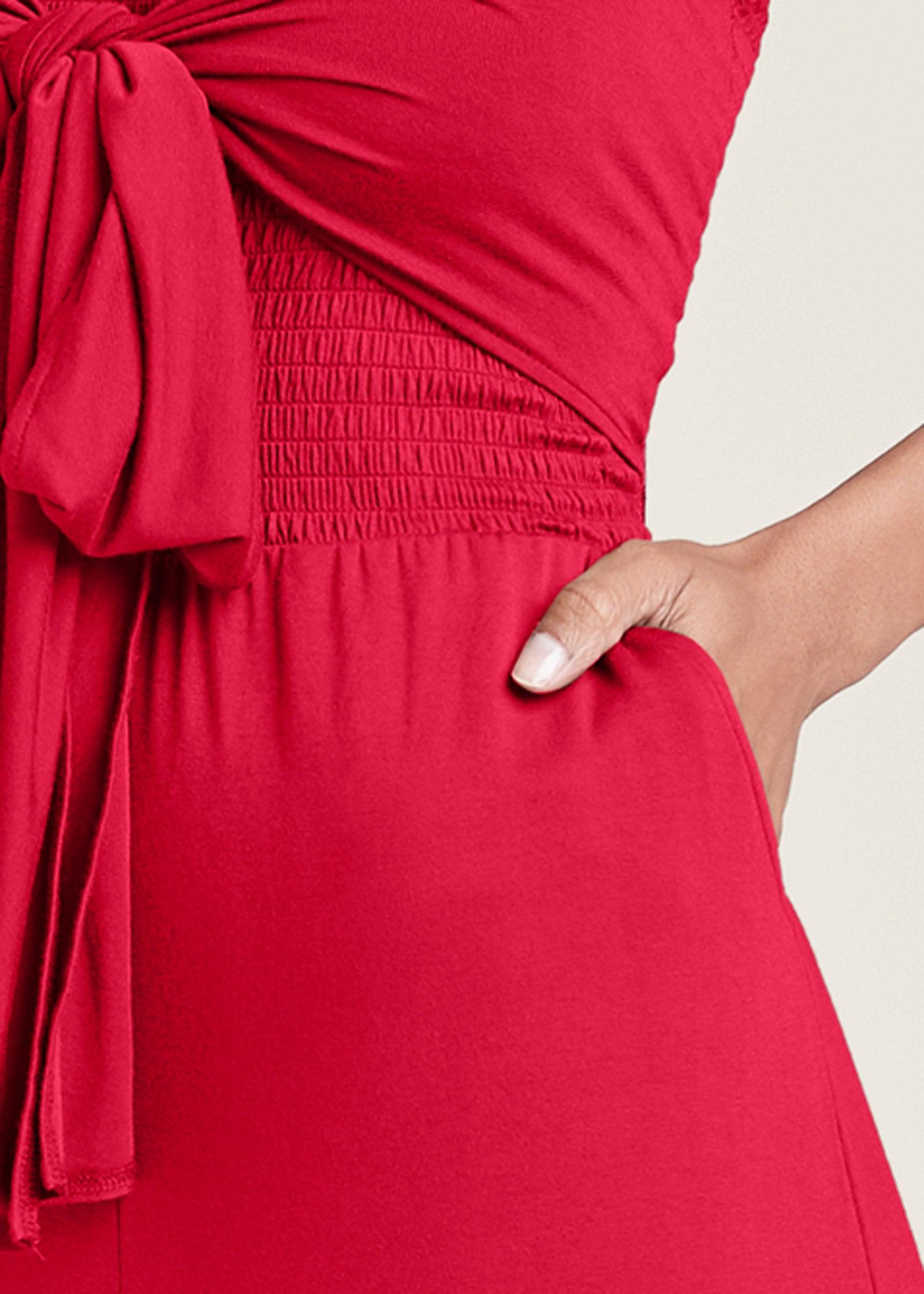 Smocked Tie-Front Jumpsuit - Red Product Image