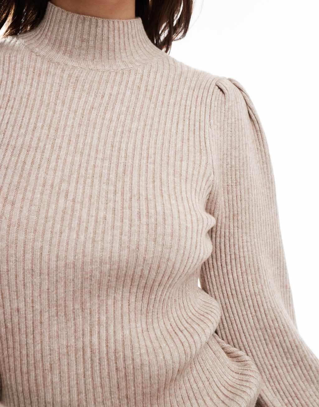 ONLY high neck puff sleeves sweater in light beige  Product Image