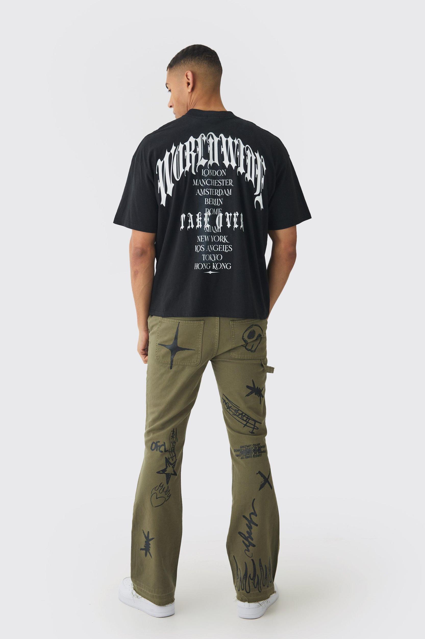 Fixed Waist Slim Flare Twill Laser Printed Carpenter Pants | boohooMAN USA Product Image