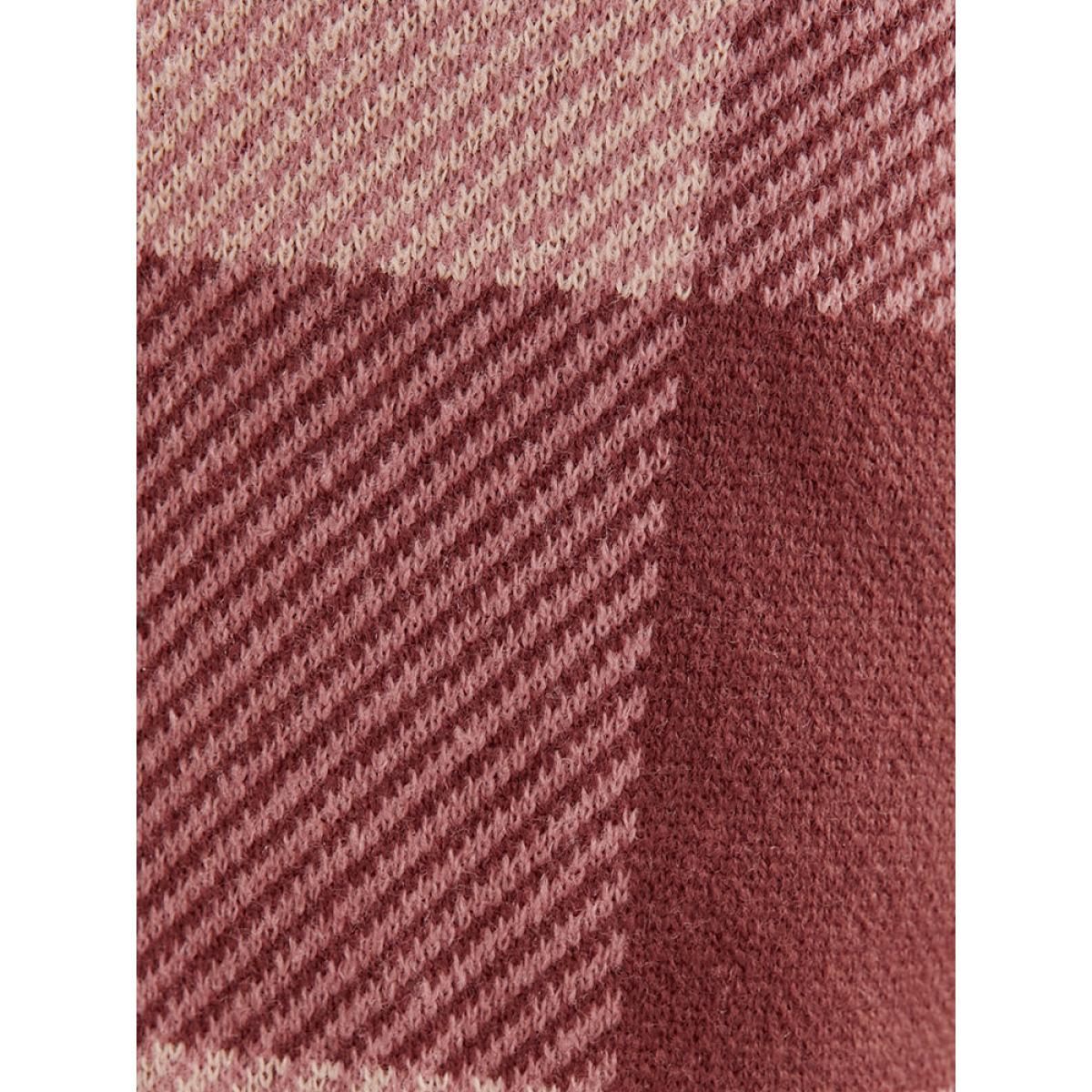 Plus Size Plaid Contrast Pointelle Knit V Neck Sweater Dress Burgundy Women Elegant Long Sleeve Dailywear Sweater Dresses BloomChic 26/4X Product Image