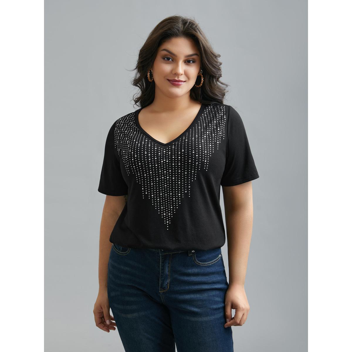 Plus Size V-Neck Rhinestone Stretchy T-Shirt Black Women Elegant Rhinestone detailing V-neck Everyday T-shirts BloomChic 14-16/1X Product Image
