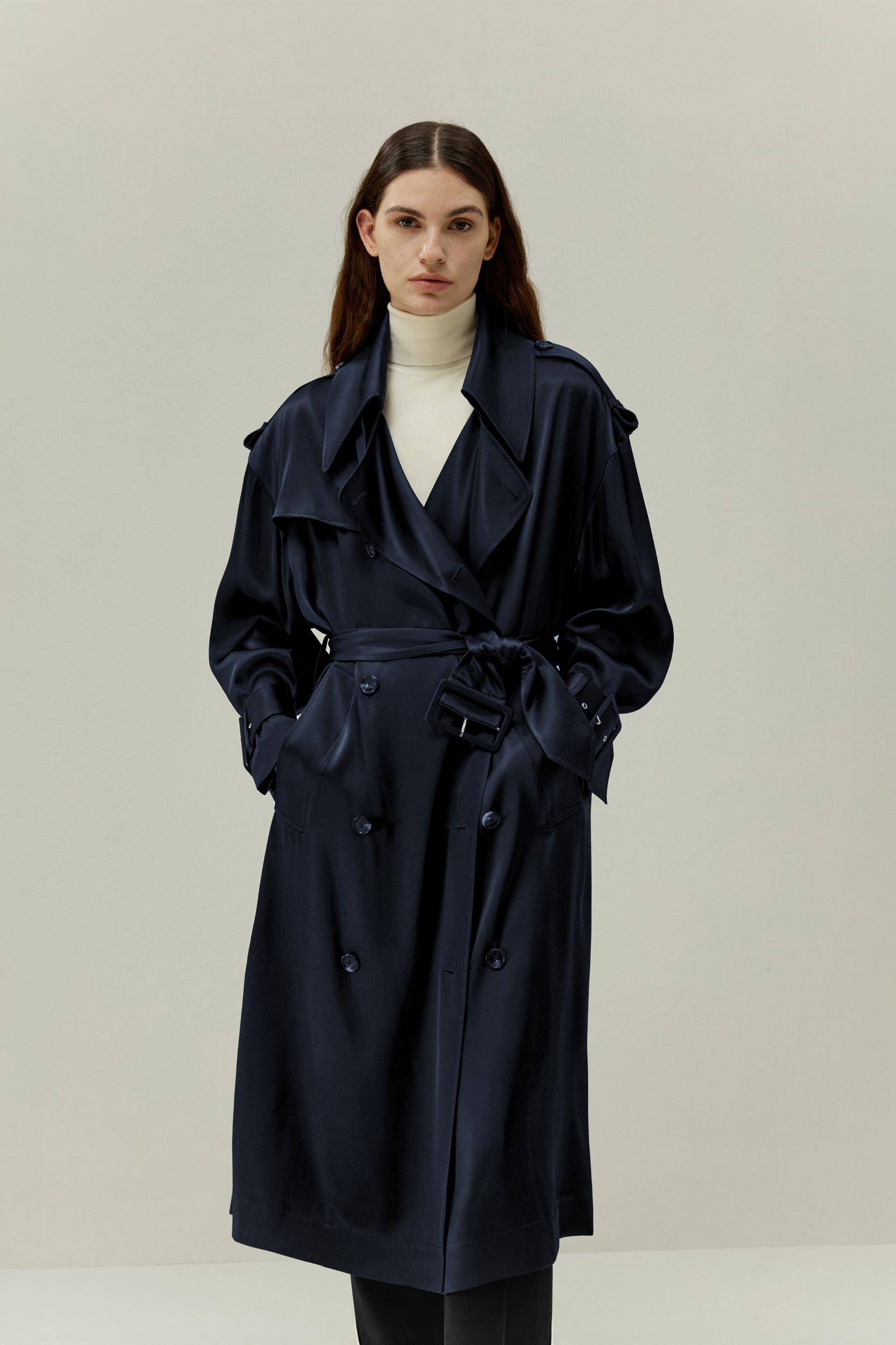 LILYSILK Womens Silk Trench - Midnight Blue 100% Silk - Comfort Relaxed Drop-Shoulder Outerwear M Product Image