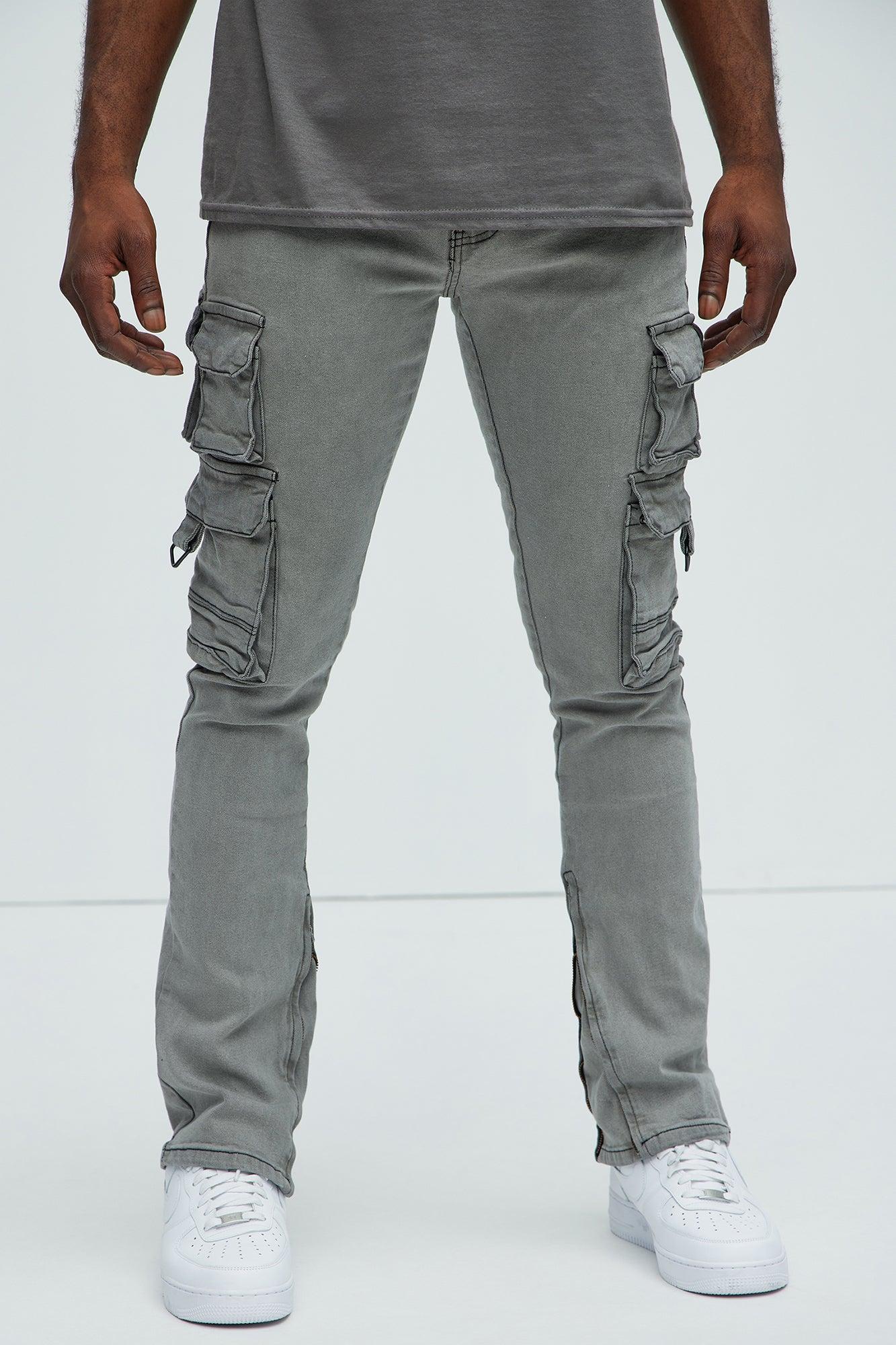 On The Double Cargo Stacked Skinny Convertible Flare Jeans - Grey Product Image