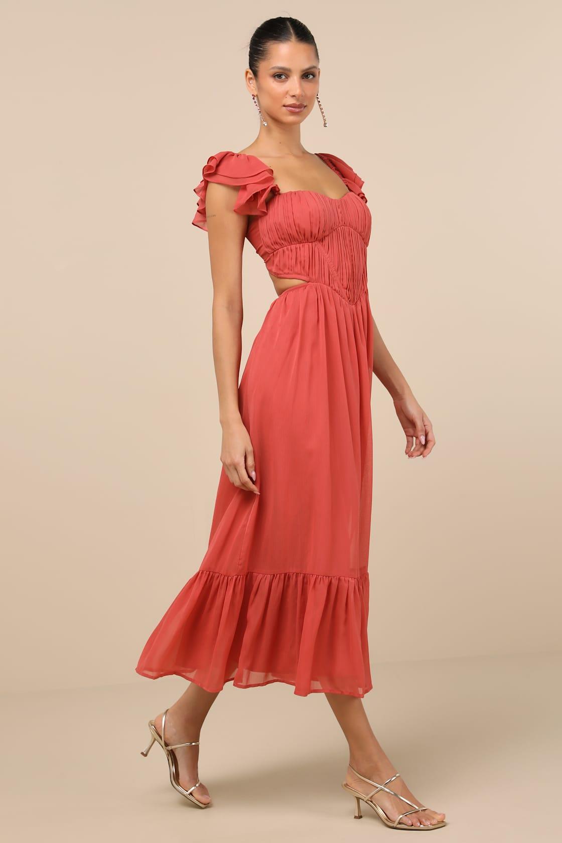 Mio Rusty Rose Pleated Tie-Back Midi Dress Product Image