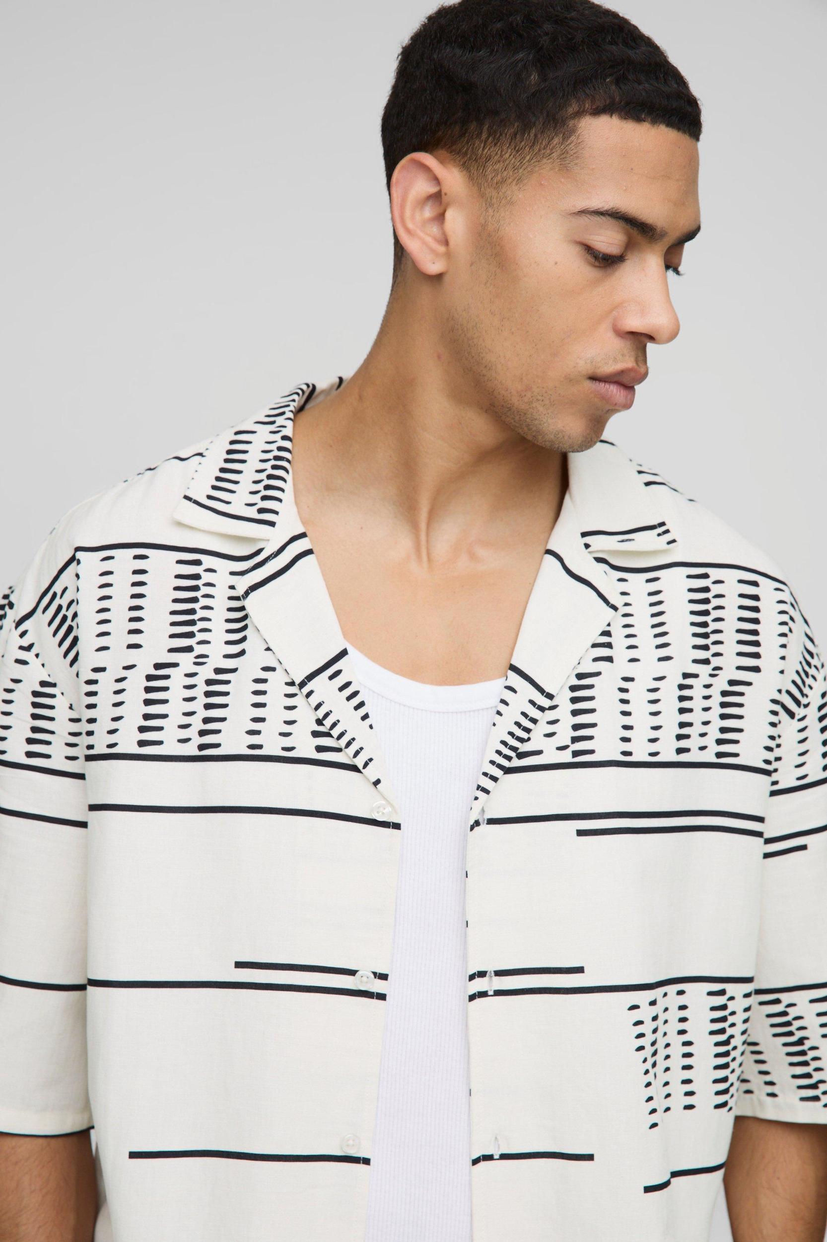Oversized Drop Revere Printed Linen Blend Shirt & Short Set | boohooMAN USA Product Image