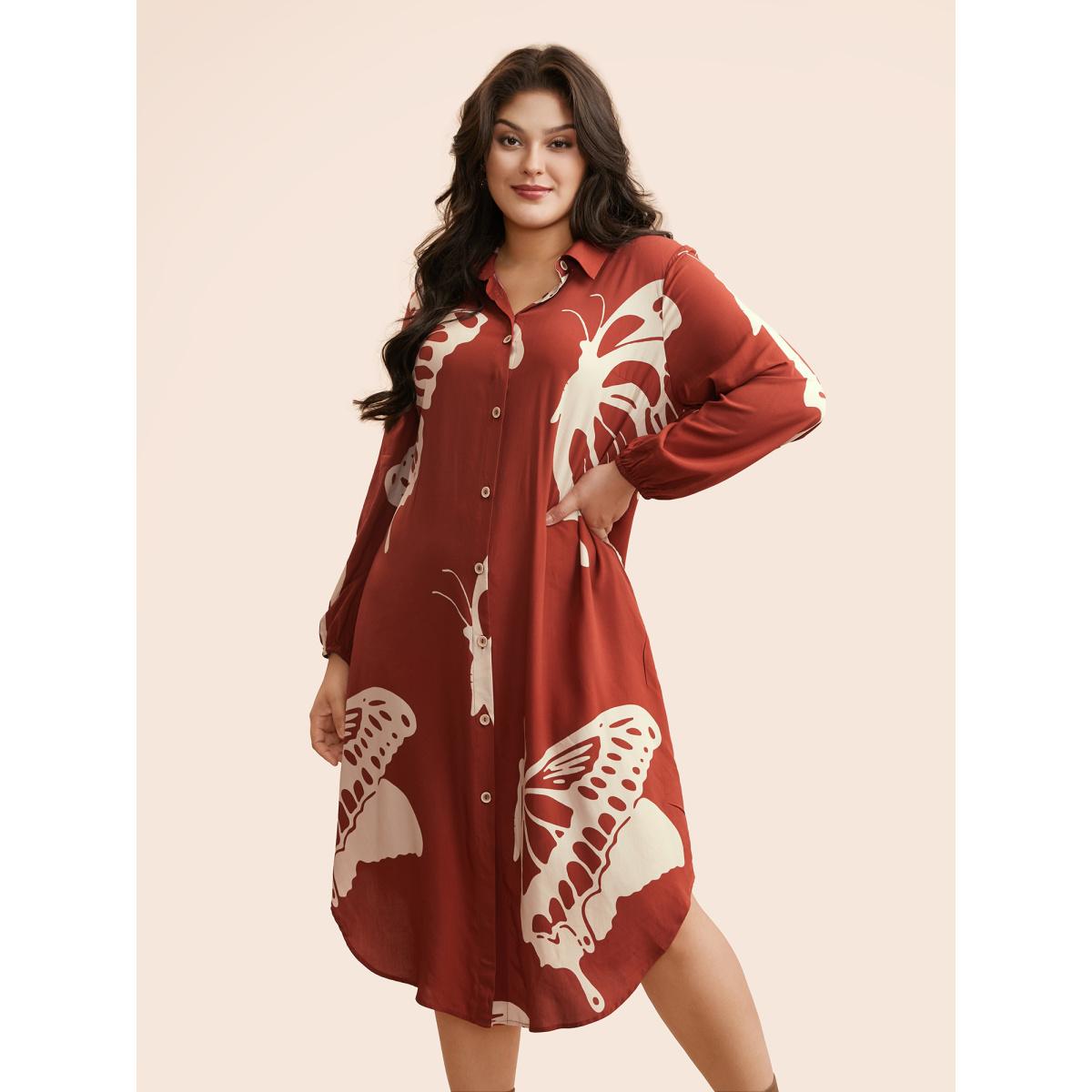 Plus Size Butterfly Print Curved Hem Midi Dress Rust Women Elegant Button Shirt collar Long Sleeve Curvy BloomChic 22-24/3X Product Image