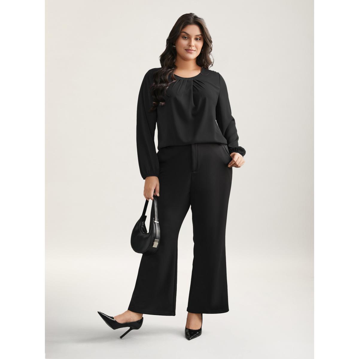 Plus Size Black Solid Crew Neck Lantern Sleeve Blouse Women At the Office Long Sleeve Round Neck Work Blouses BloomChic 28/5X Product Image